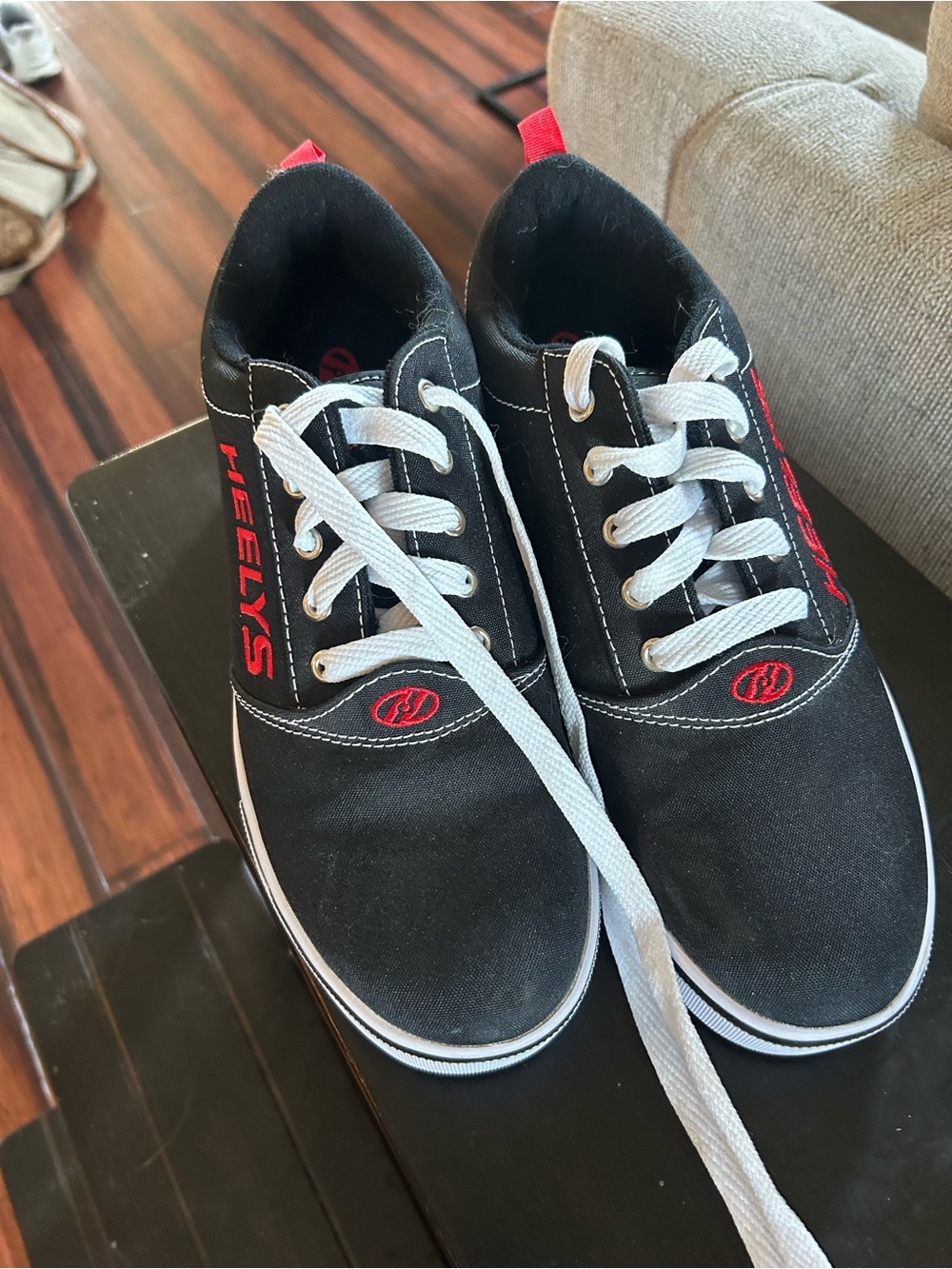 NWOT Heelys Black Canvas Sneakers with Red Accents and White Laces, Size 8